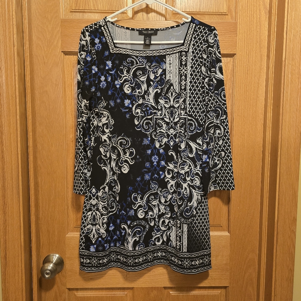 White House Black Market Navy and Black With White Accents Patterned Shirt Dress